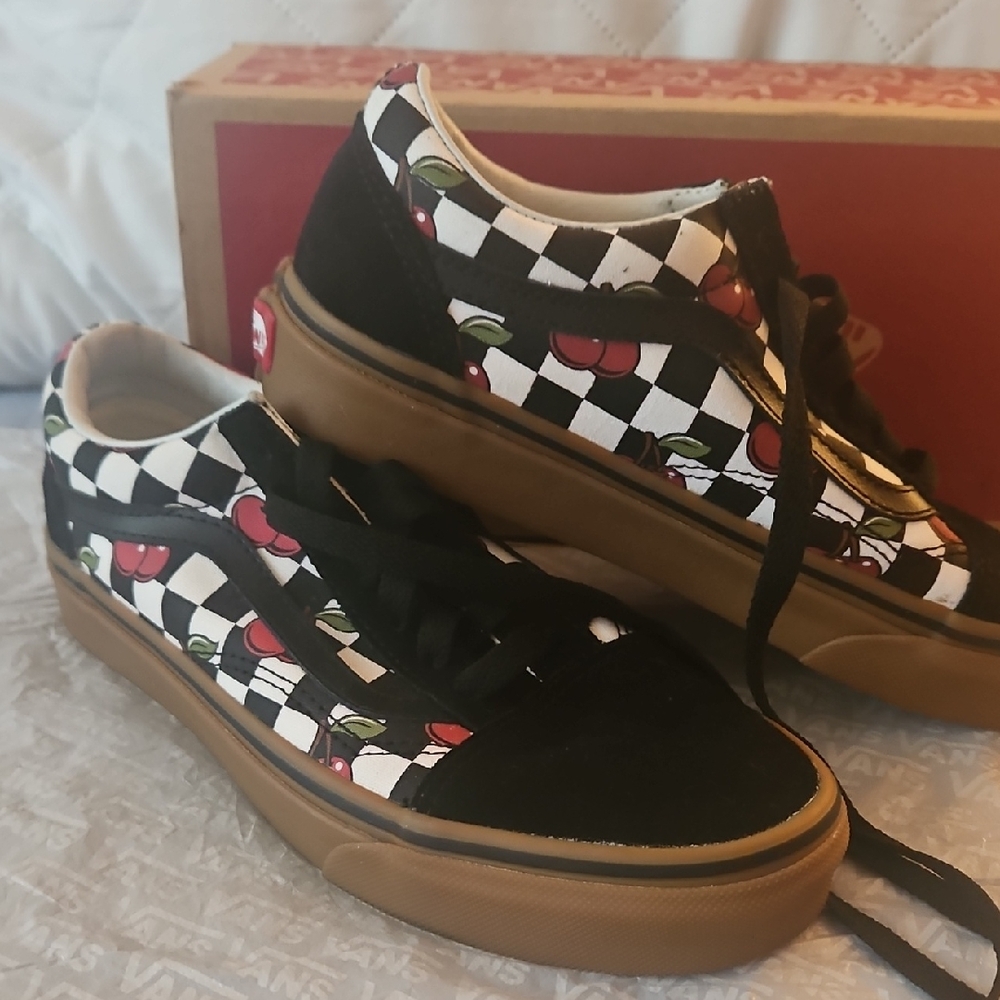 Vans Black and White Checkerboard Cherry Sneakers